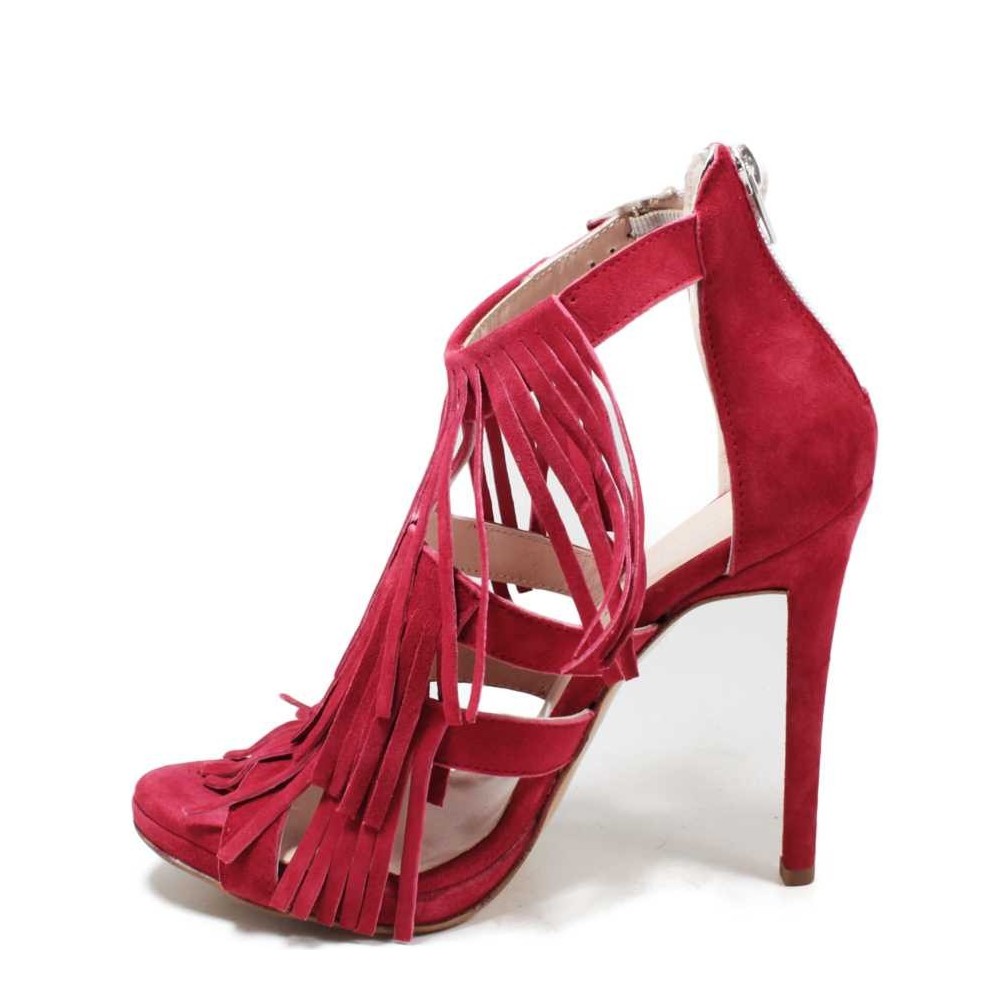 High Heel Sandals with Fringed in Red Suede Leather